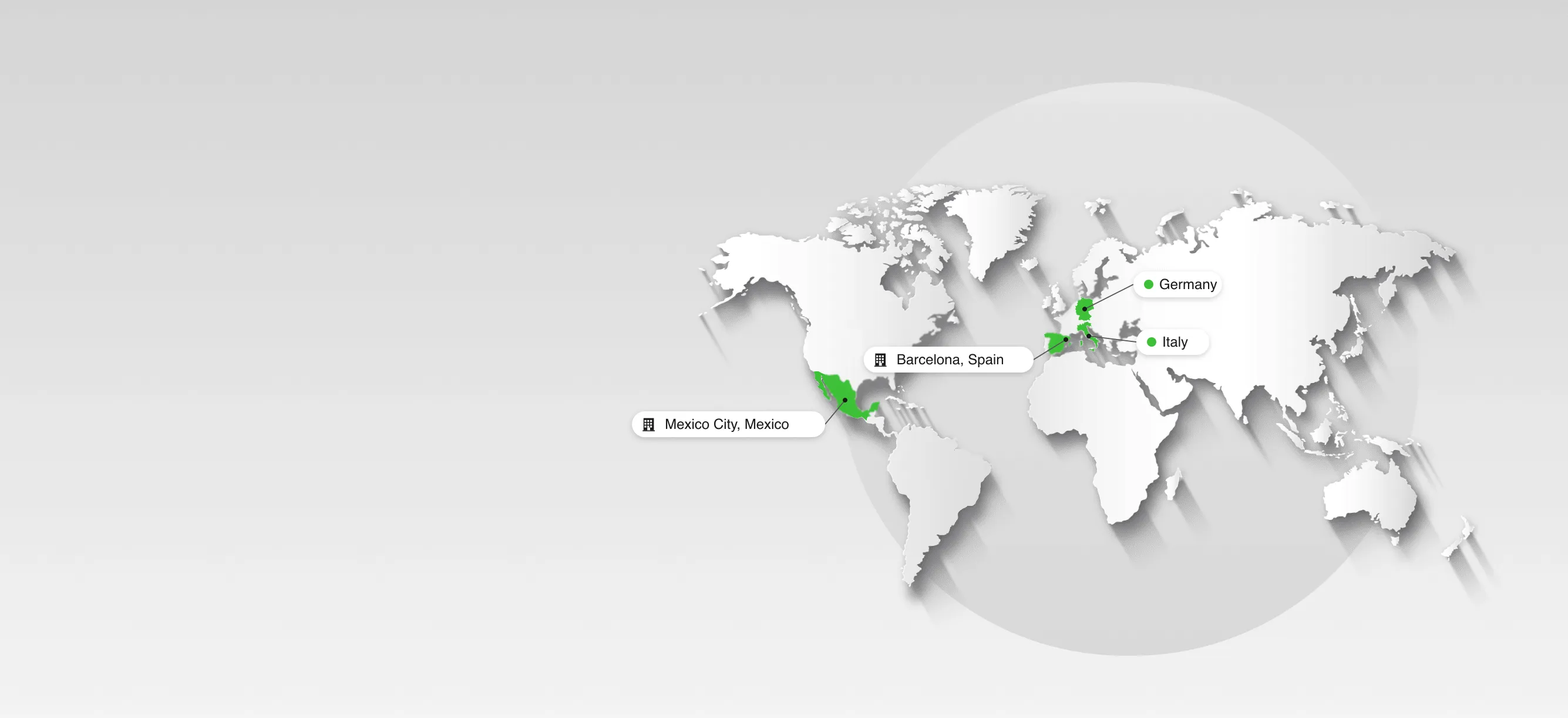 Mapa con las sedes de MeetingLawyers en Barcelona y Ciudad de México y clientes en España, México, Alemania e Italia